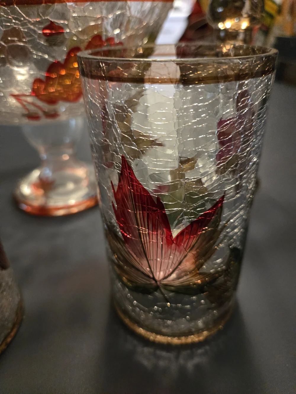 Vintage 6 PieceYankee Candle Clear Crackle Glass Jar with Fall Accents.
